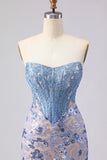 Sparkly Grey Blue Mermaid Lace Strapless Long Corset Prom Dress