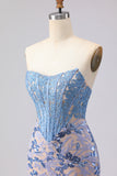 Sparkly Grey Blue Mermaid Lace Strapless Long Corset Prom Dress