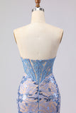 Sparkly Grey Blue Mermaid Lace Strapless Long Corset Prom Dress