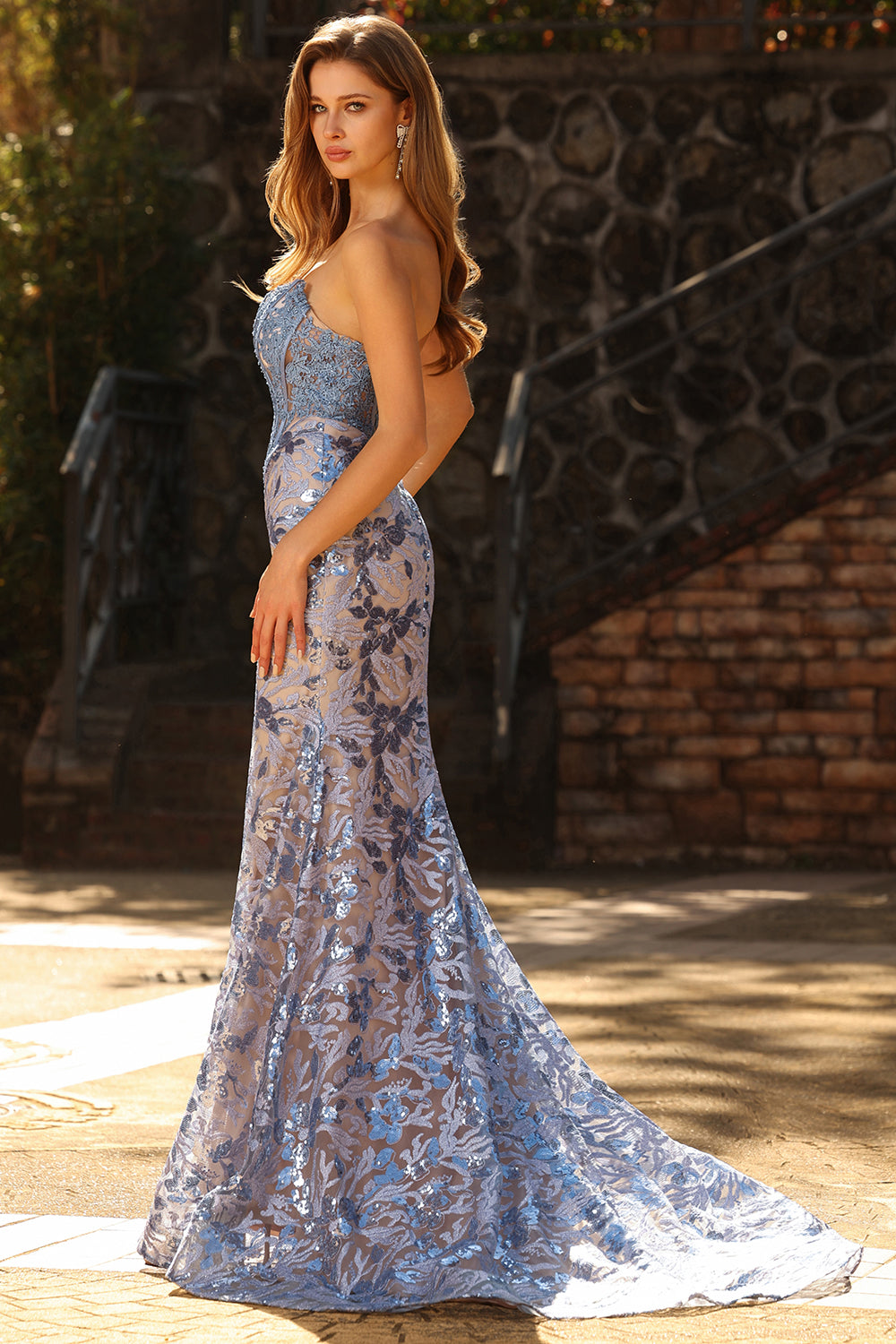 Sparkly Grey Blue Strapless Lace Mermaid Long Corset Prom Dress
