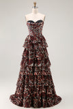 Brown Leopard Strapless Ruffled A Line Long Prom Dress