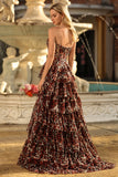 Brown Leopard Tiered A Line Strapless Long Prom Dress with Slit