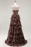 Brown Leopard Strapless Ruffled A Line Long Prom Dress
