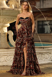 Brown Leopard Tiered A Line Strapless Long Prom Dress with Slit