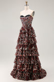 Brown Leopard Strapless Ruffled A Line Long Prom Dress