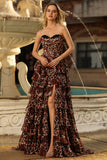 Brown Leopard Tiered A Line Strapless Long Prom Dress with Slit
