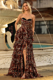 Brown Leopard Tiered A Line Strapless Long Prom Dress with Slit