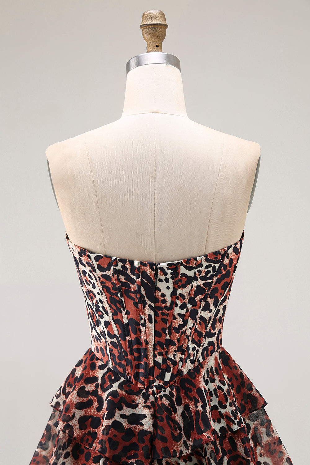 Brown Leopard Strapless Ruffled A Line Long Prom Dress