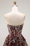 Brown Leopard Strapless Ruffled A Line Long Prom Dress