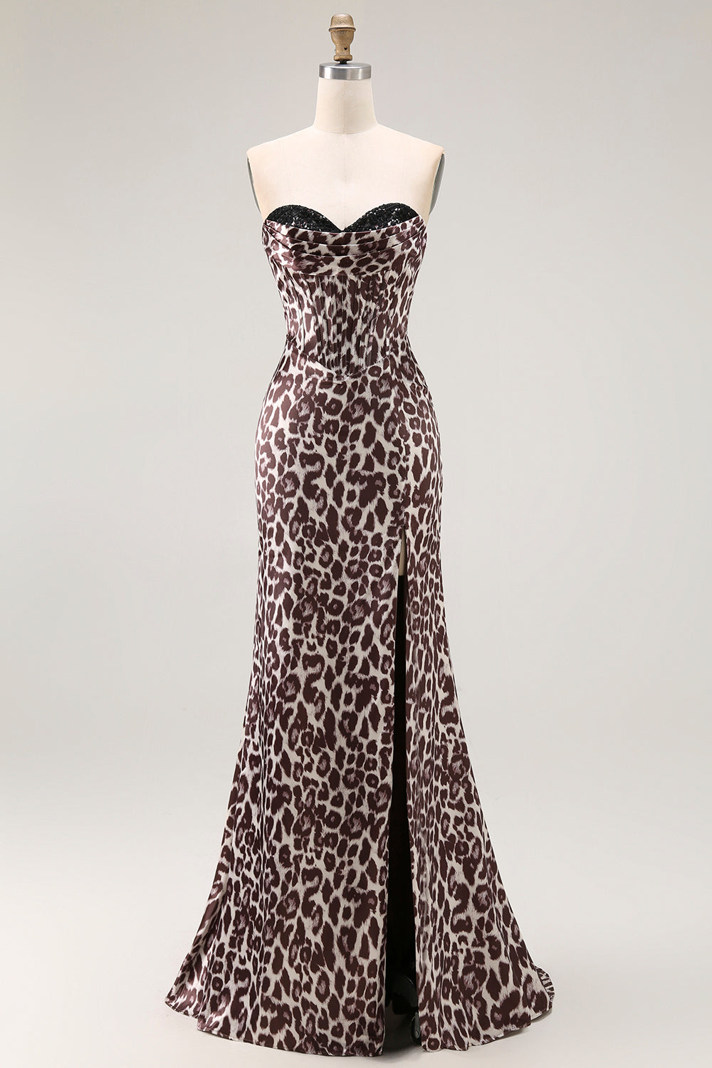 Coffee Leopard Sweetheart Satin Mermaid Long Corset Prom Dress with Slit