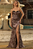 Coffee Leopard Sweetheart Satin Mermaid Long Corset Prom Dress with Slit