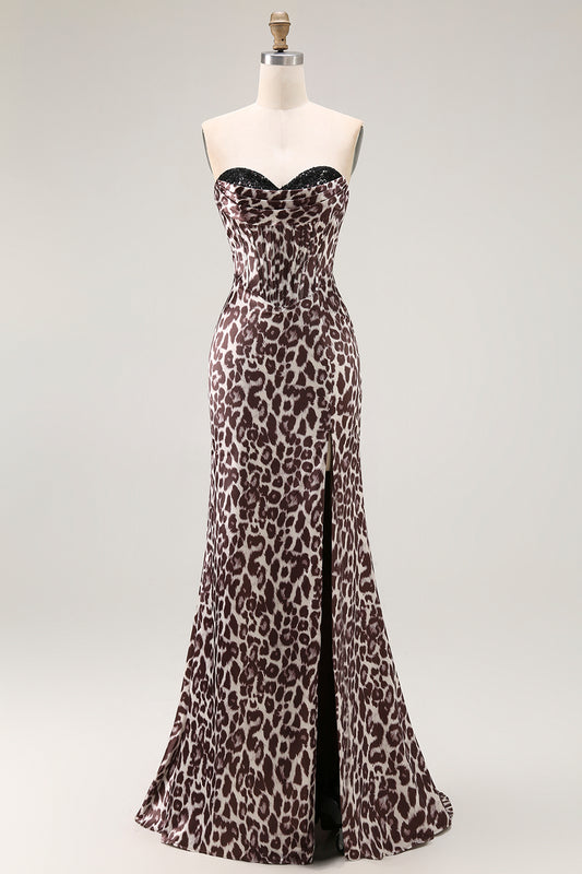 Coffee Leopard Sweetheart Mermaid Corset Long Prom Dress with Slit