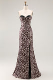 Coffee Leopard Sweetheart Satin Mermaid Long Corset Prom Dress with Slit