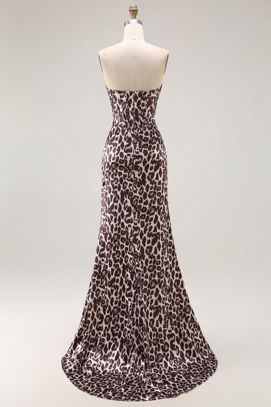 Coffee Leopard Sweetheart Mermaid Corset Long Prom Dress with Slit