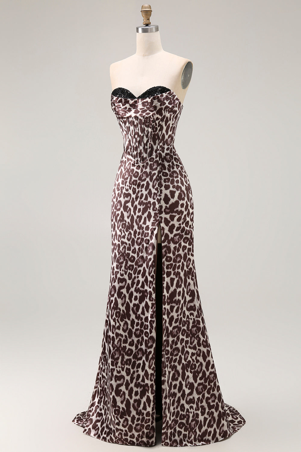 Coffee Leopard Sweetheart Mermaid Corset Long Prom Dress with Slit