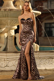Coffee Leopard Sweetheart Satin Mermaid Long Corset Prom Dress with Slit