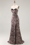 Coffee Leopard Sweetheart Mermaid Corset Long Prom Dress with Slit