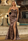Coffee Leopard Sweetheart Satin Mermaid Long Corset Prom Dress with Slit
