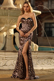 Coffee Leopard Sweetheart Satin Mermaid Long Corset Prom Dress with Slit