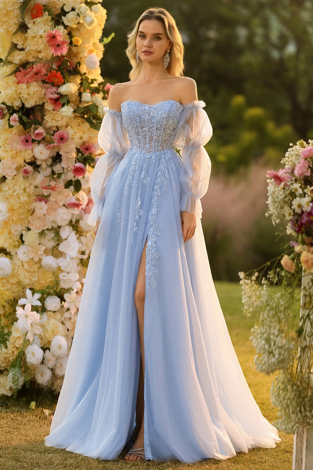 Sparkly Floral Blue A-Line Tulle Long Prom Dress with Detachable Sleeves