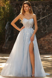 Sparkly Floral Blue A-Line Tulle Long Prom Dress with Detachable Sleeves