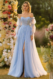 Sparkly Floral Blue A-Line Tulle Long Prom Dress with Detachable Sleeves