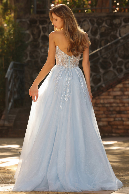 Sparkly Floral Blue A-Line Tulle Long Prom Dress with Detachable Sleeves