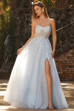 Sparkly Floral Blue A-Line Tulle Long Prom Dress with Detachable Sleeves