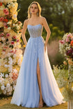Sparkly Blue Floral A-Line Tulle Long Prom Dress with Detachable Sleeves