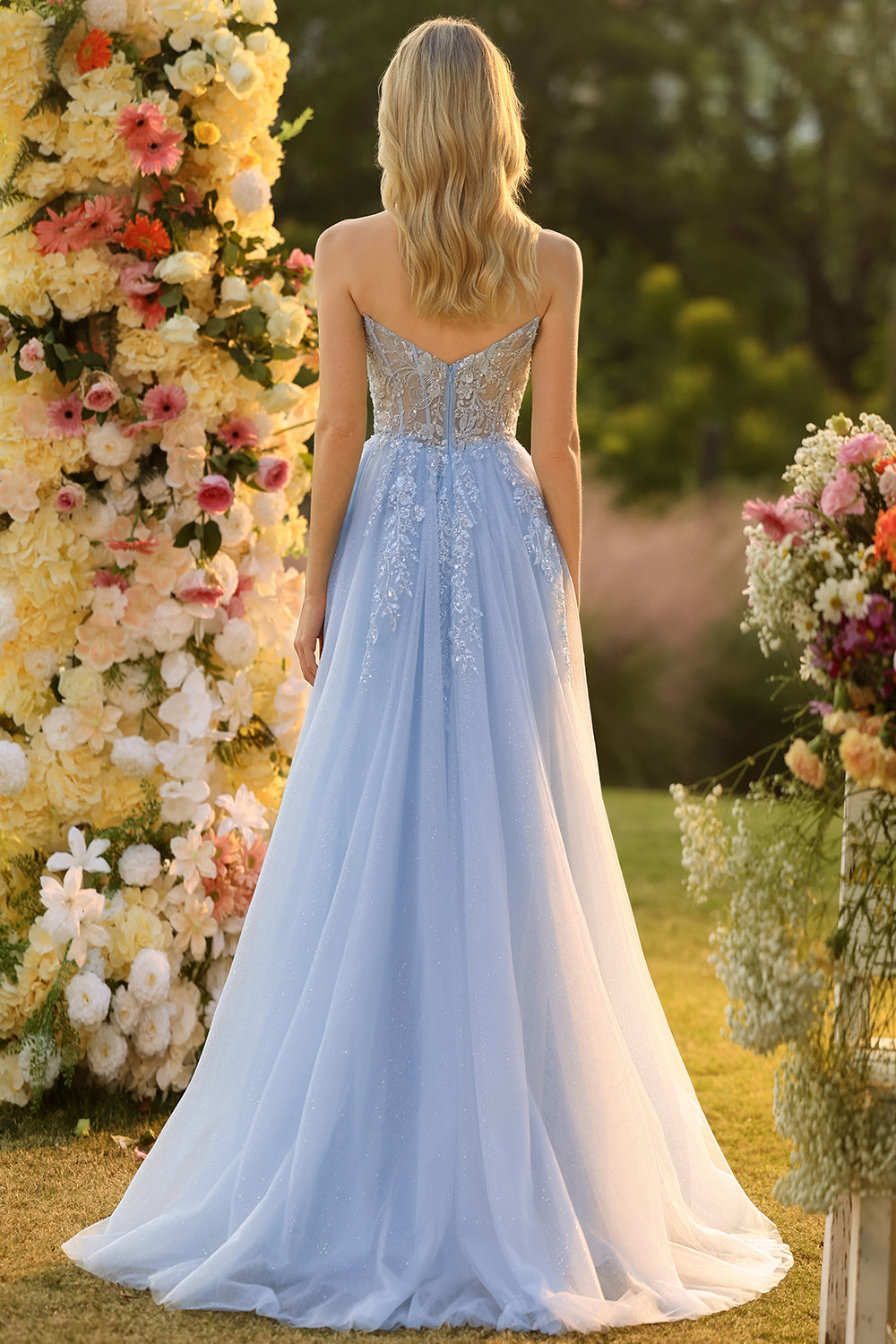 Sparkly Floral Blue A-Line Tulle Long Prom Dress with Detachable Sleeves