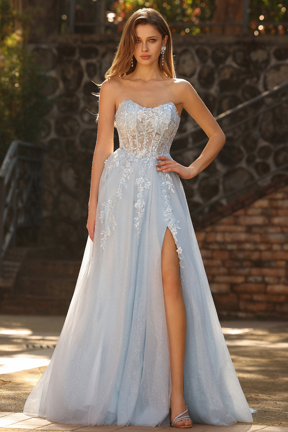 Sparkly Floral Blue A-Line Tulle Long Prom Dress with Detachable Sleeves
