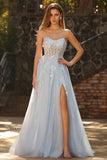 Sparkly Floral Blue A-Line Tulle Long Prom Dress with Detachable Sleeves