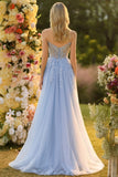 Sparkly Floral Blue A-Line Tulle Long Prom Dress with Detachable Sleeves