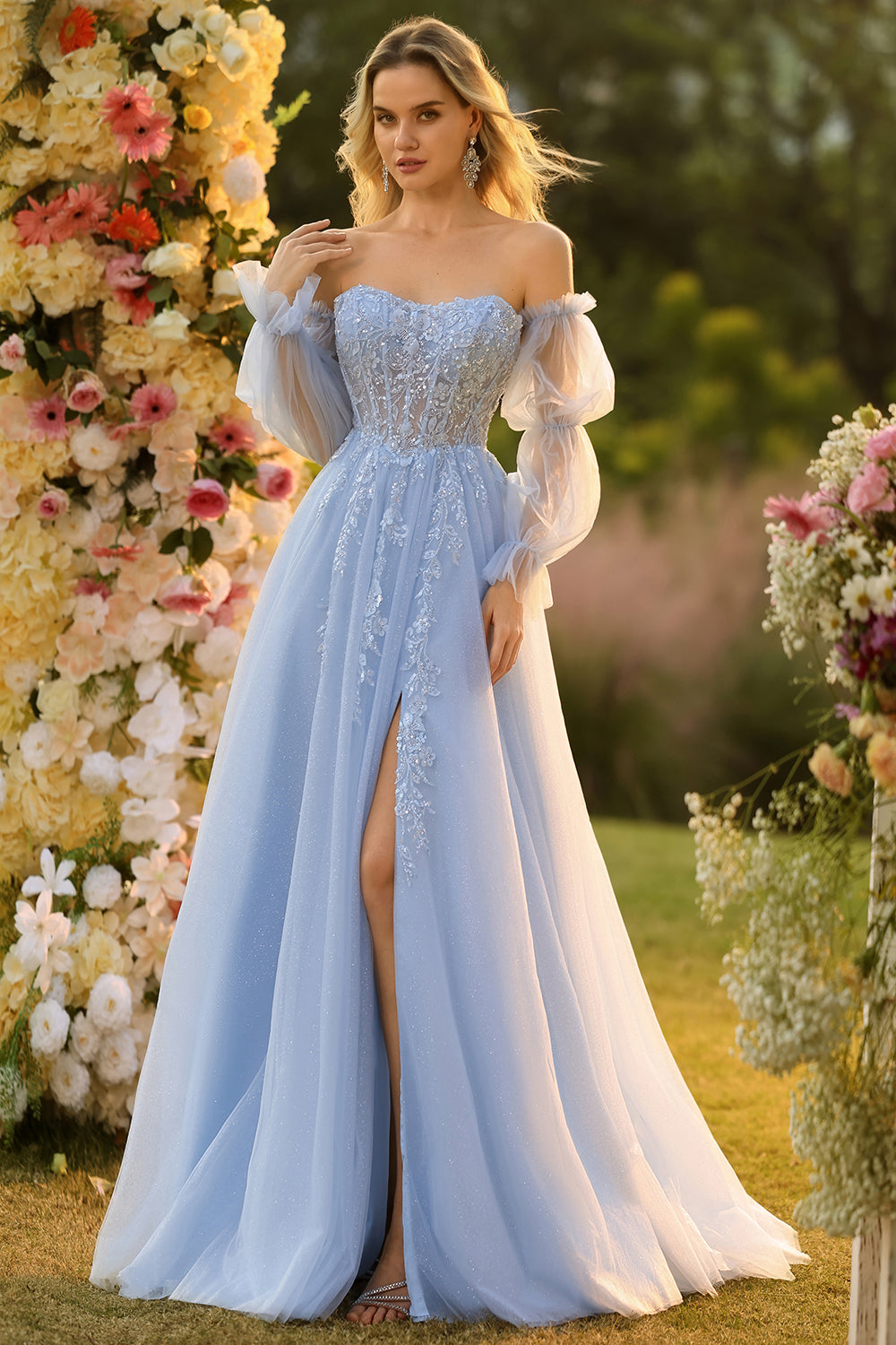 Sparkly Blue Floral A-Line Tulle Long Prom Dress with Detachable Sleeves