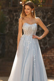 Sparkly Floral Blue A-Line Tulle Long Prom Dress with Detachable Sleeves