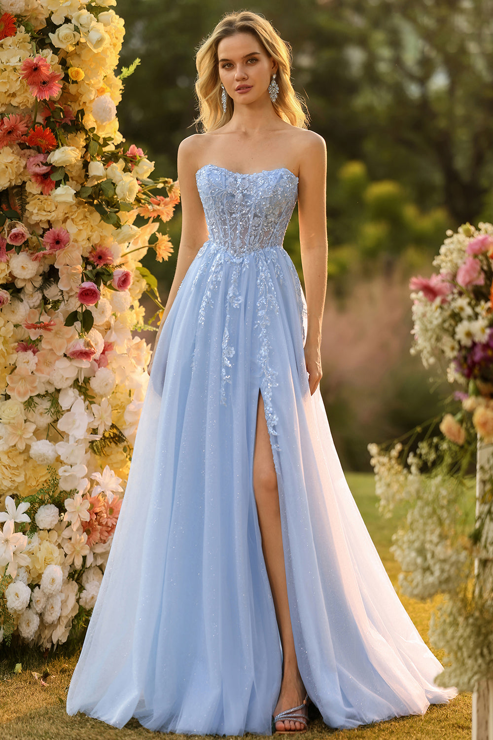 Sparkly Blue Floral A-Line Tulle Long Prom Dress with Detachable Sleeves