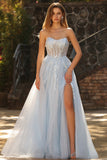 Sparkly Floral Blue A-Line Tulle Long Prom Dress with Detachable Sleeves