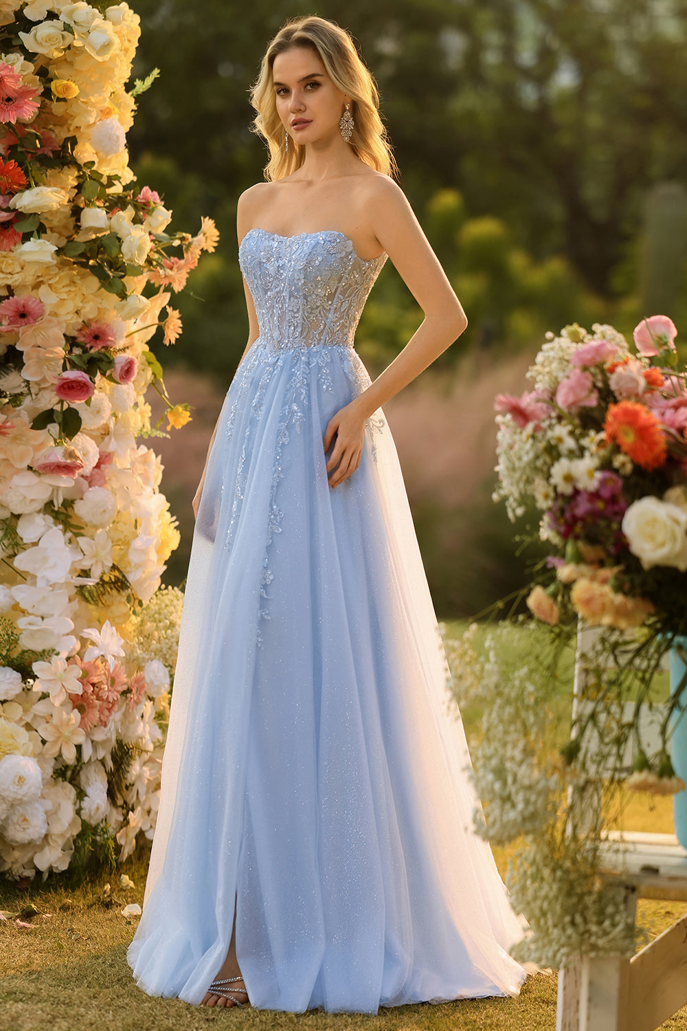 Sparkly Blue Floral A-Line Tulle Long Prom Dress with Detachable Sleeves