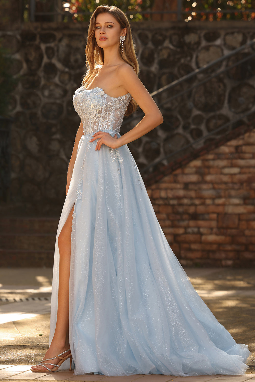 Sparkly Floral Blue A-Line Tulle Long Prom Dress with Detachable Sleeves