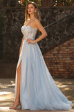 Sparkly Floral Blue A-Line Tulle Long Prom Dress with Detachable Sleeves