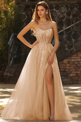 Sparkly Floral Champagne Long Prom Dress with Detachable Sleeves