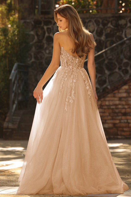 Sparkly Floral Champagne Long Prom Dress with Detachable Sleeves
