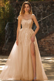 Sparkly Floral Champagne Long Prom Dress with Detachable Sleeves