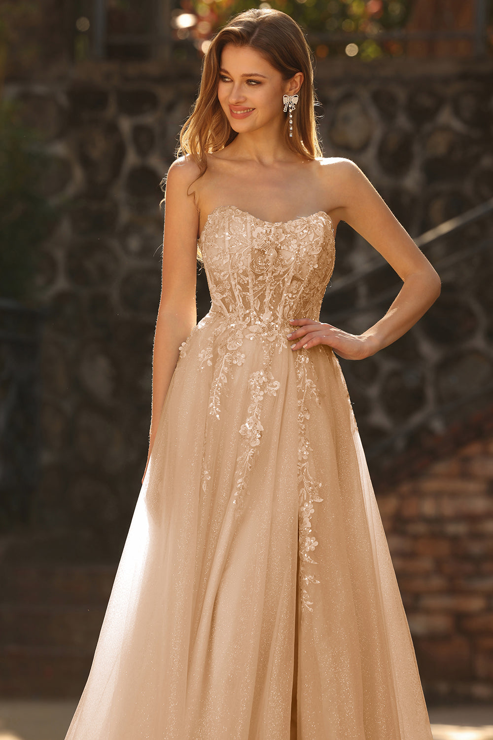 Sparkly Floral Champagne Long Prom Dress with Detachable Sleeves