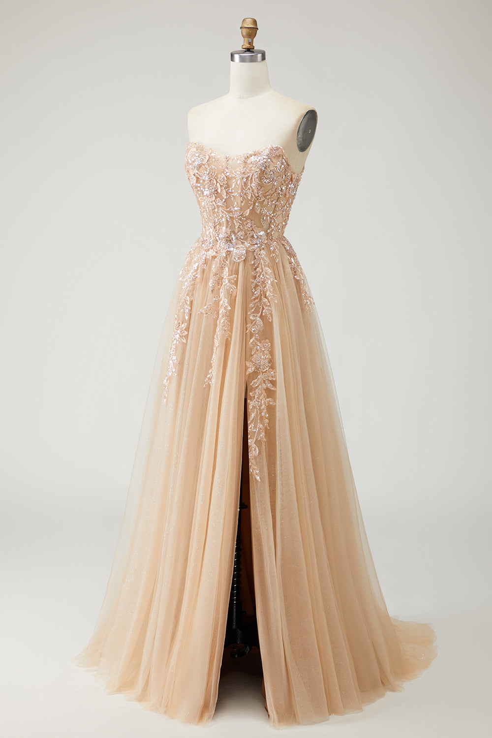 Sparkly Purple Floral A-Line Long Prom Dress with Detachable Sleeves