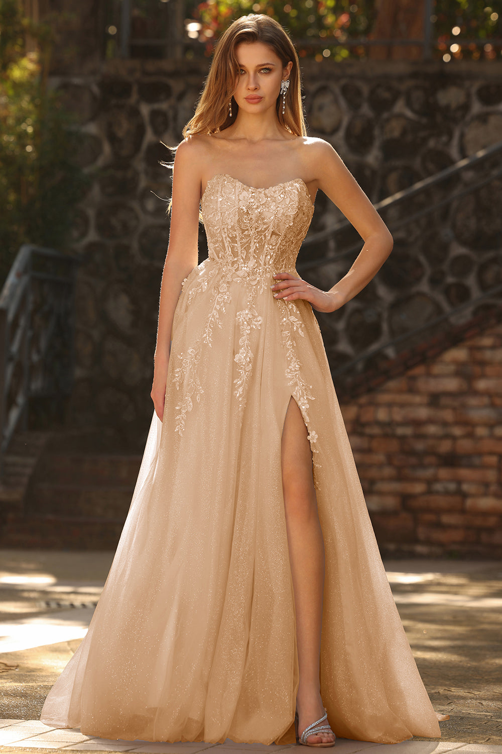Sparkly Floral Champagne Long Prom Dress with Detachable Sleeves