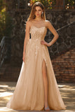Sparkly Floral Champagne Long Prom Dress with Detachable Sleeves