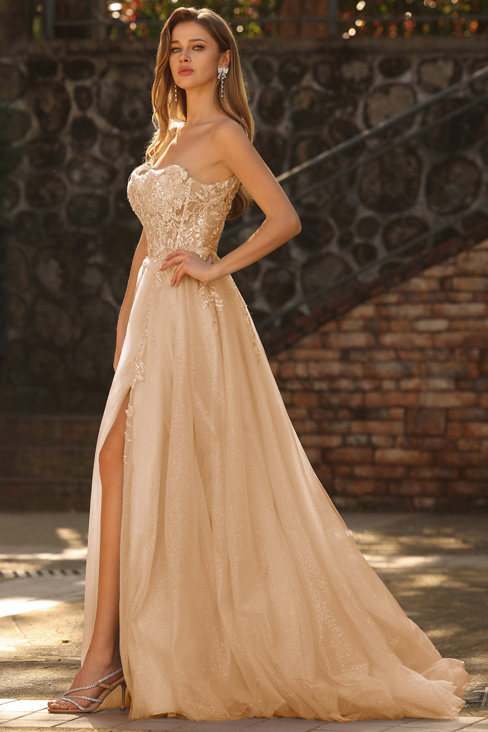 Sparkly Floral Champagne Long Prom Dress with Detachable Sleeves