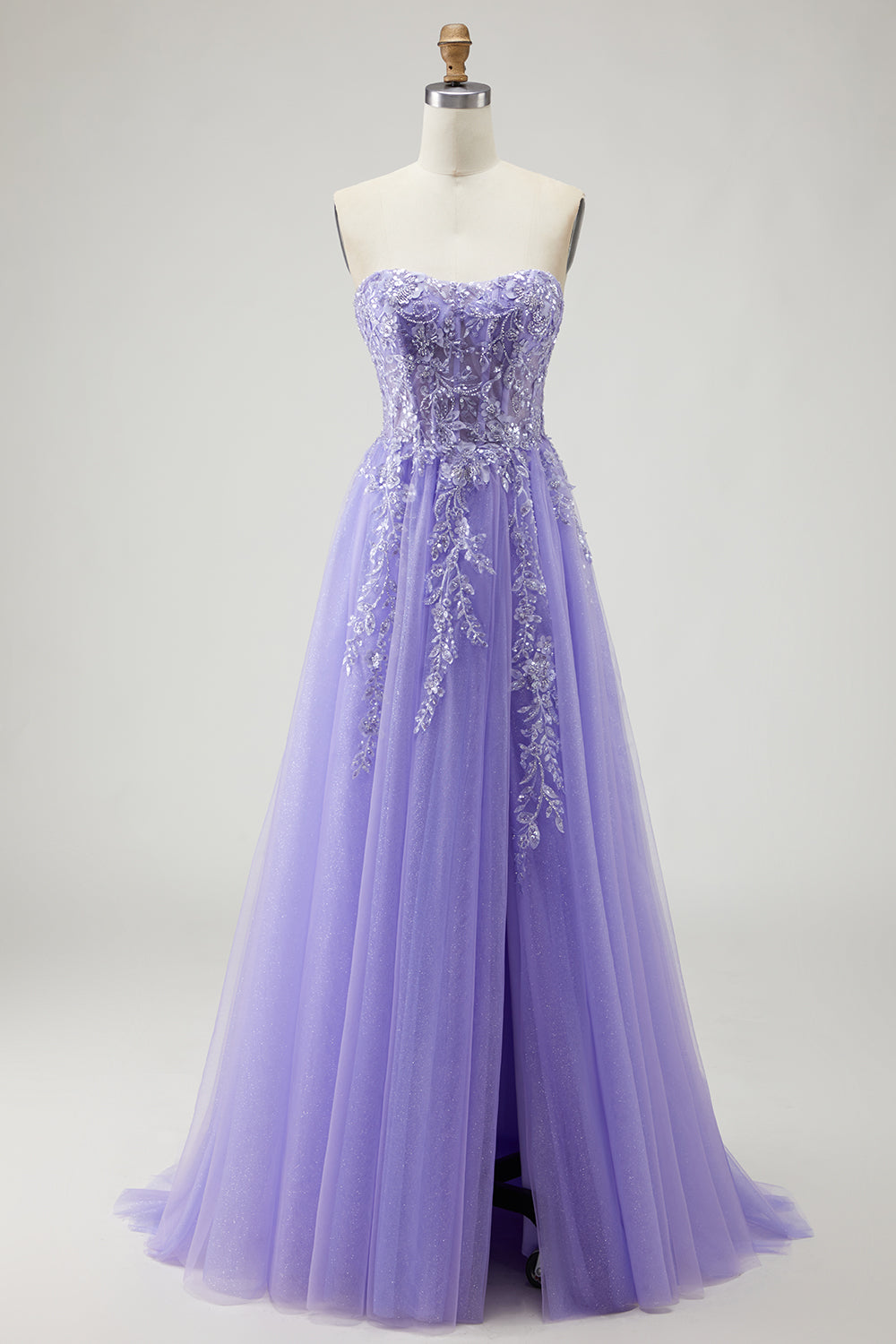 Sparkly Purple Floral A-Line Long Prom Dress with Detachable Sleeves
