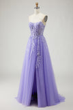 Sparkly Purple Floral A-Line Long Prom Dress with Detachable Sleeves